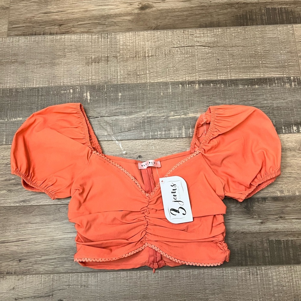 Blue Blush Orange Crop Top with back zipper & puff sleeves sz S NWT